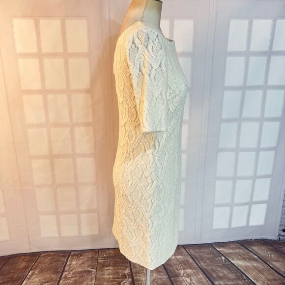 Ann Taylor NWT Ivory Textured Crew Neck Short Sleeve Sheath Dress Size 6 - Picture 4 of 9